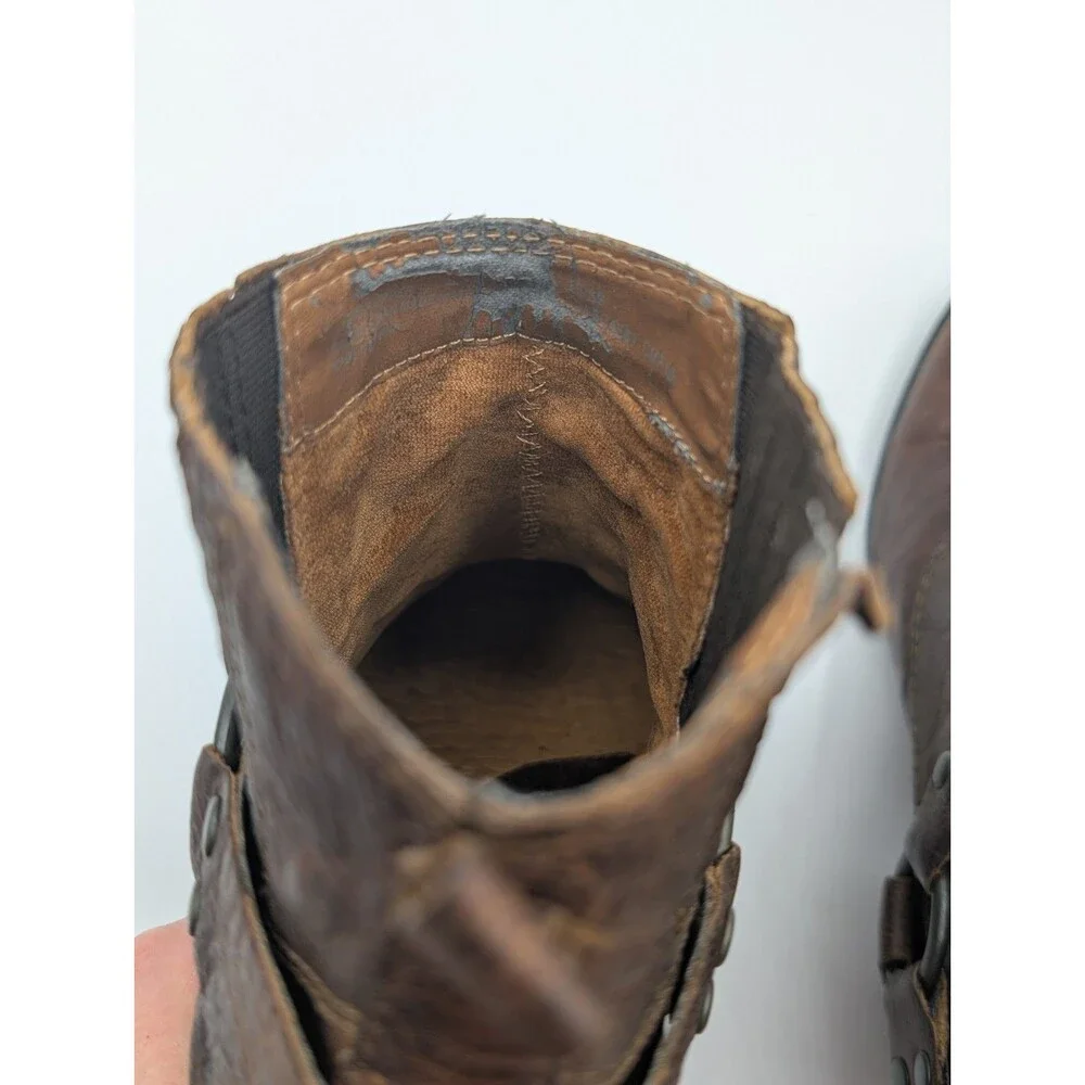 B.O.C Ankle Boots Women 8 Brown Leather Harness Block Heel Ring Buckle Strap